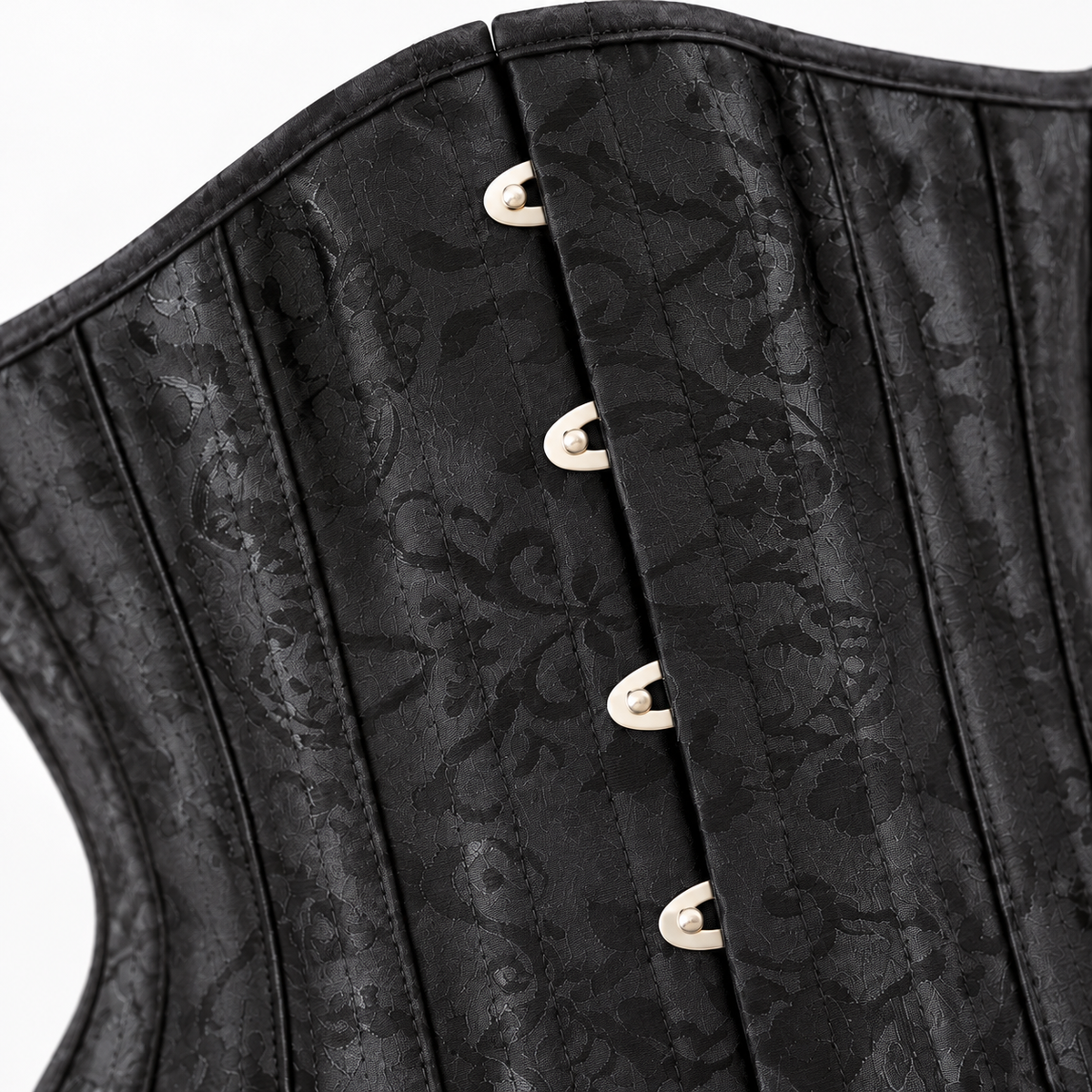 Detalle de Corset de cintura negro con cordones y broches