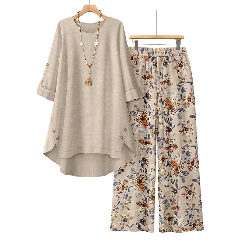 Conjunto de túnica con mangas recogibles y pantalón floral — 1