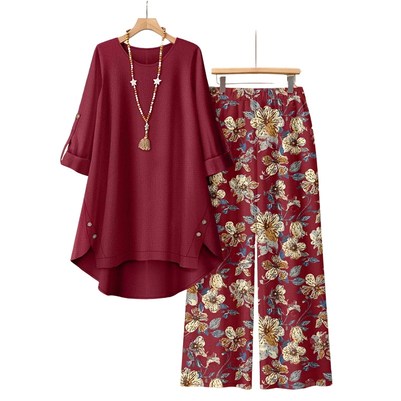 Conjunto de túnica con mangas recogibles y pantalón floral — 2