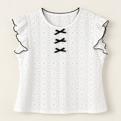 Pijama blanco de dos piezas con lazos negros — D1
