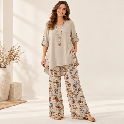 Conjunto de túnica con mangas recogibles y pantalón floral — fotografía de presentación