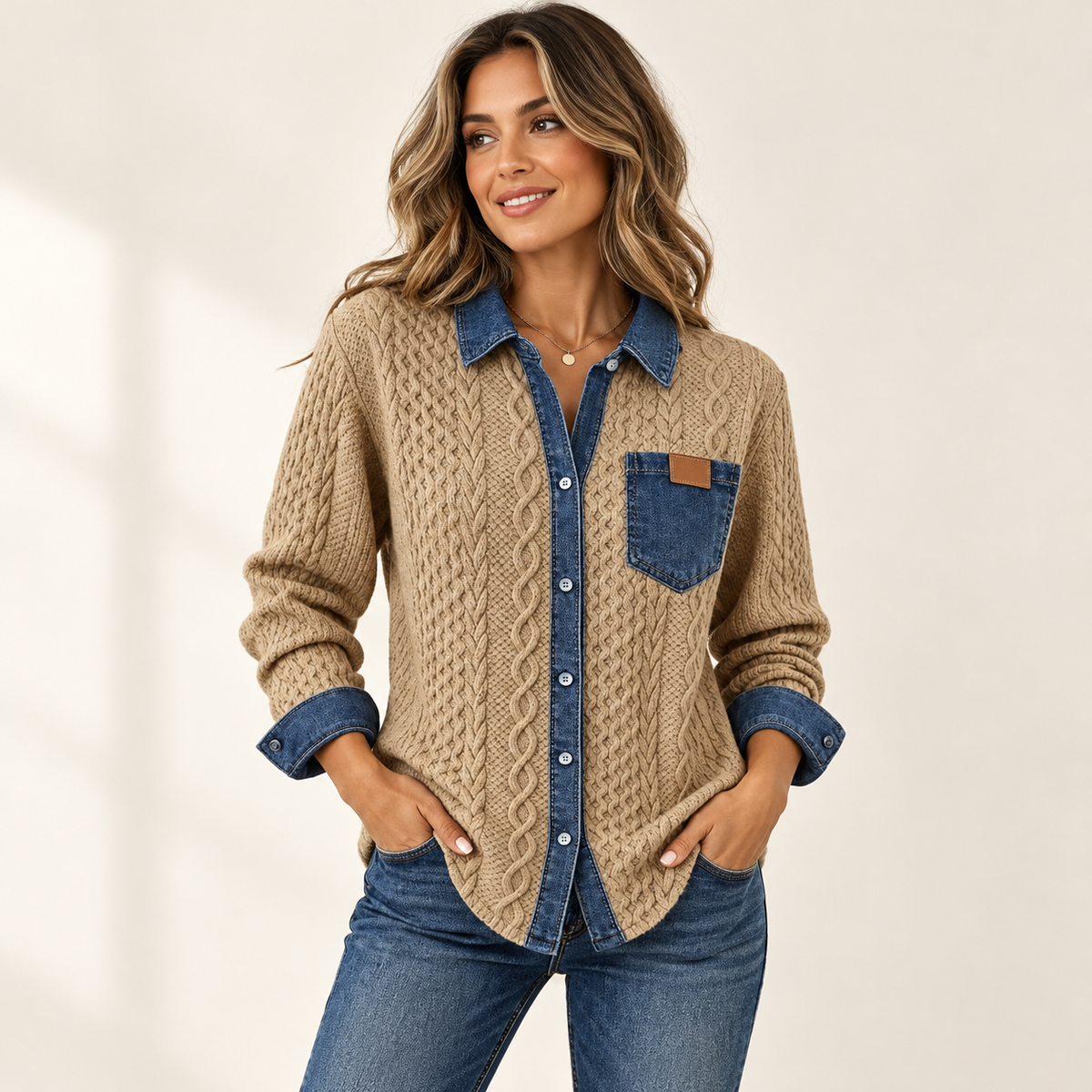 Camisa texturada con cuello y bolsillo en contraste — fotografía de presentación