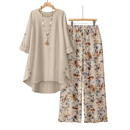 Conjunto de túnica con mangas recogibles y pantalón floral — 1